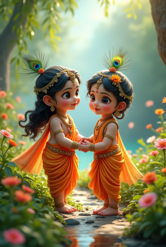 Goddess Radha and Lord Krishna as childs playing in the garden , Indian God, 8K render, facing towards the viewers