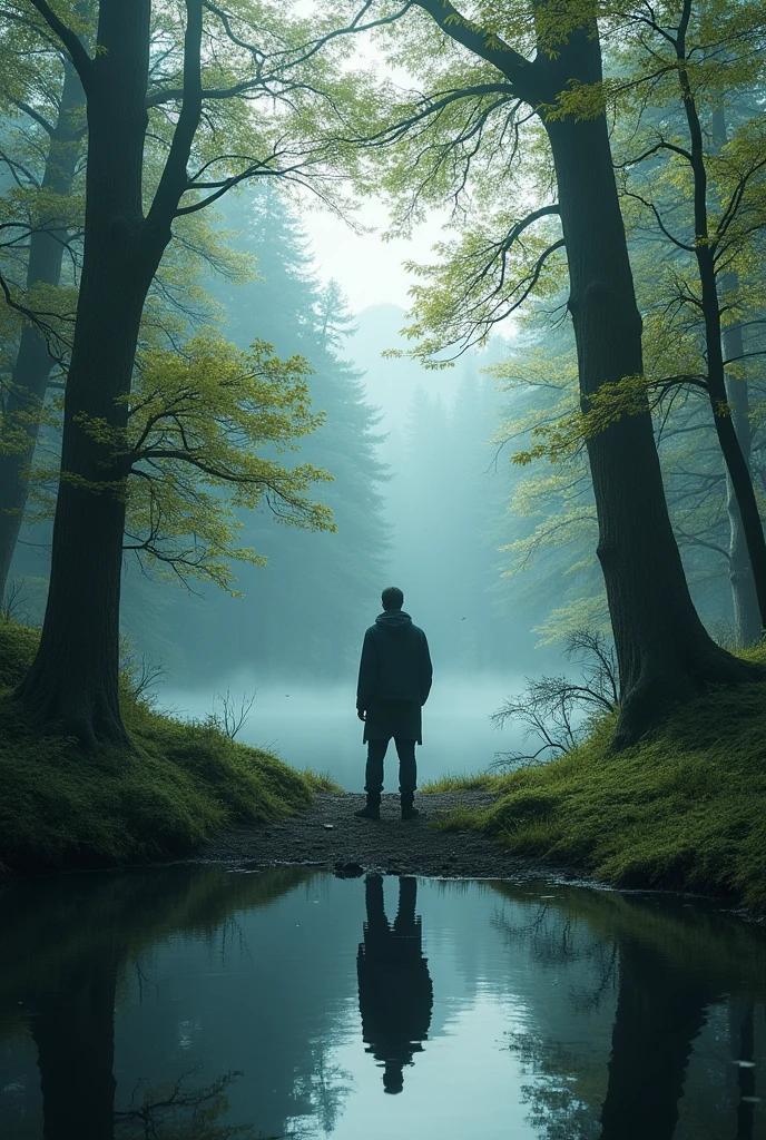 (Dark magic:1.2), (Grim:1.1) forest, springtime，A man stands in the Alps, (Intricate details), A mirror-like lake，(ultra - detailed), 8k hdr, high detal, A lot of detail, High quality,Tyndall effect， (Colored:1.3)