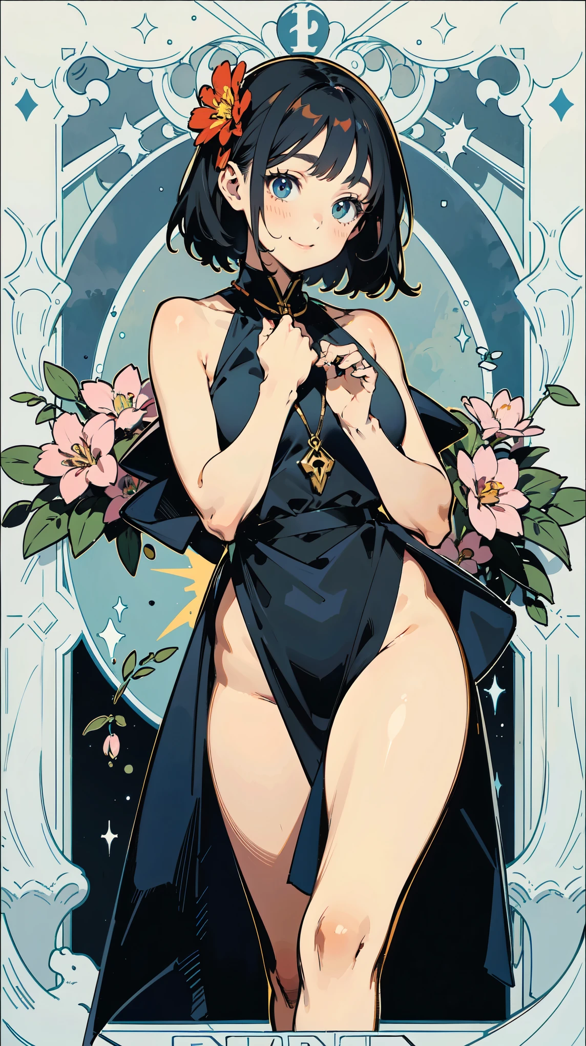 Tarot Cards、Masterpiece、Highest quality、Amazing details、Detailed Background、Line art、Written boundary depth、Flat Shading、Mucha style、Art Nouveau、Botanical Art、Flower Art、Surrounded by lots of flowers、Hot Summer Fashion、Vintage Color、colorful、Anatomically correct、Slim figure、Thick thighs、Expressive eyes、smilingly、Perfect Face、Black Hair、Short Hair、Embarrassing、She is blushing
