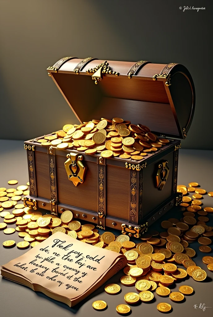 chest full of treasures many gold coins and a written caption"Do not store up treasures for yourselves"