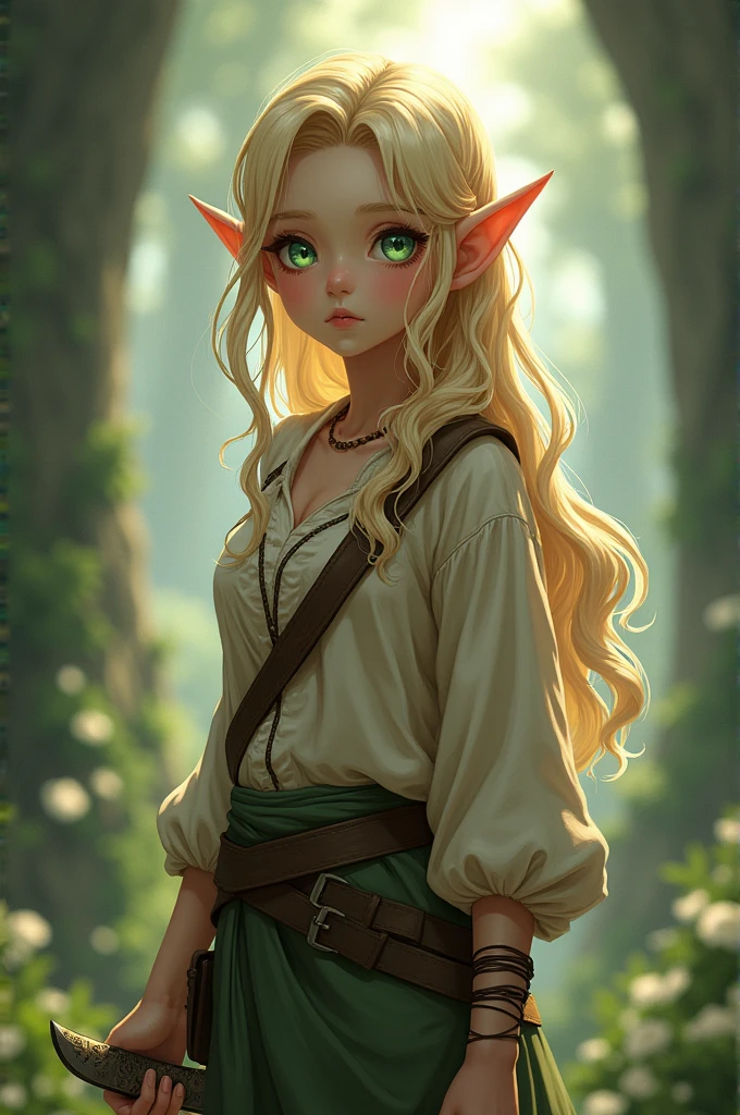  elf anime, with long wavy blonde hair with green eyes and a small side braid, with old and dirty clothes, with a small dagger in one hand