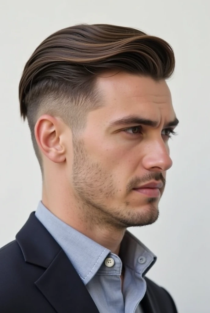 Men&#39;s Comb Over hairstyle, facing to the right, short sides, only the head visible.