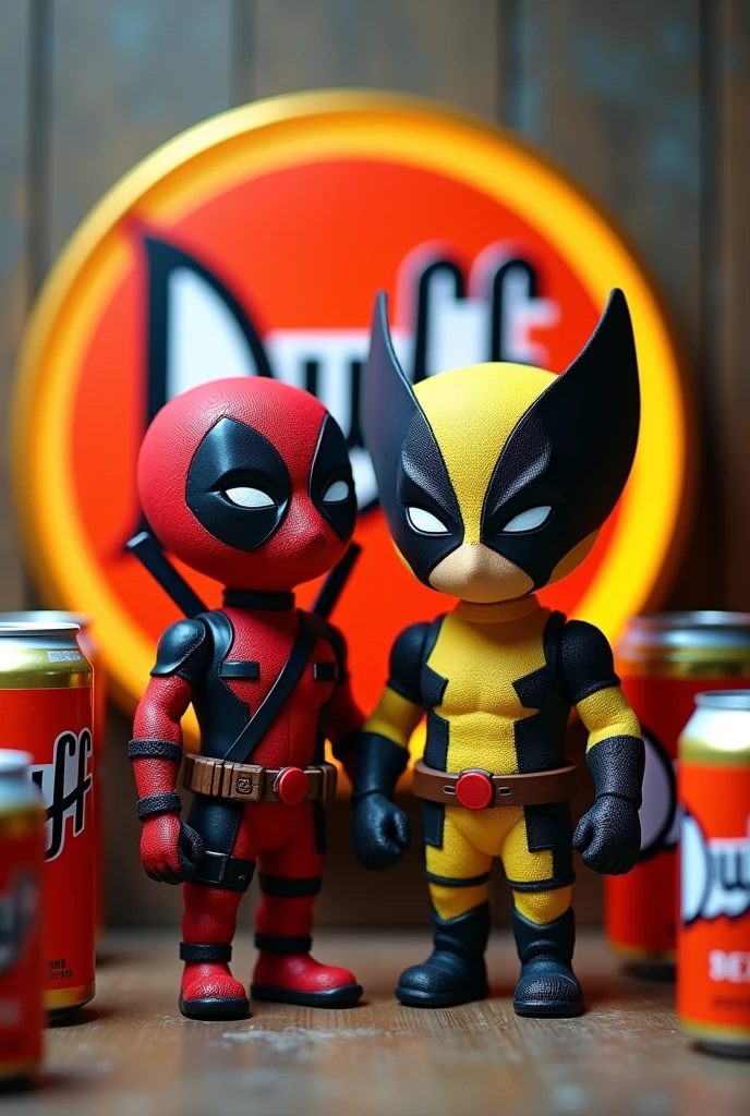 Deadpool and Wolverine doll agara a round red black and white logo of the duff word brand with beer cans
