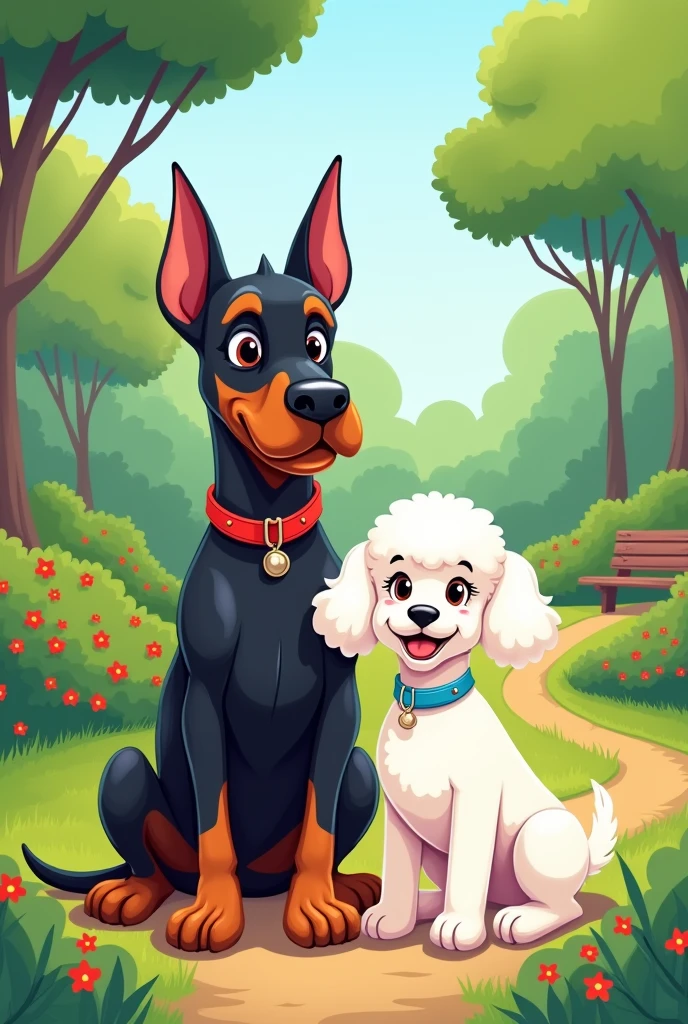 I want a cartoon-type drawing where a Doberman dog with a red collar is sitting next to a small white French Poodle dog with a blue collar., with a park background 