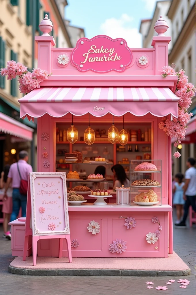 A pink theme bakery stall with standing hoardings and attractive looks