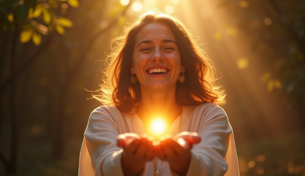 "A joyful person receiving a glowing seed with open hands, symbolizing initial acceptance of God's message, ar 16:9"