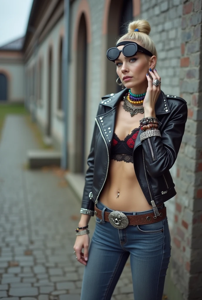 russian old milf woman, blonde hair (top bun) and big maxi sunglasses as headband, with very light blue eyes, extremely pale. Wearing studded cropped black moto jacket (with lots of side zippers and pins), black and red lace push up bra , dark skinny blue jeans and pointy silver Chelsea boots with cuban heels . Lots of thick bracelets with big colourful beads, colourful bead collars and colourful rings. Tacky wide studded leather belt with big skull and bones round buckle. Long bohemian earrings with feathers. Standing up, humble facial expression. Hands touching her ears in a shy way, showing off bracelets and rings. Chains around belt.. Listening in amazement to somebody speaking to her, toned six pack abdominals, thin neck, slim legs and thin arms. Narrow hips. Pierced belly button Tattoed heavily.
