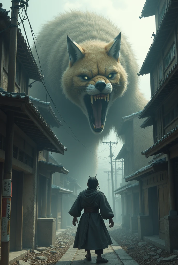 ((((((((A fox monster with nine tails))))))))A scene of a man raging in rage. A realistic depiction like a horror movie. A Japanese horror. A streetscape during the war in the Edo period.