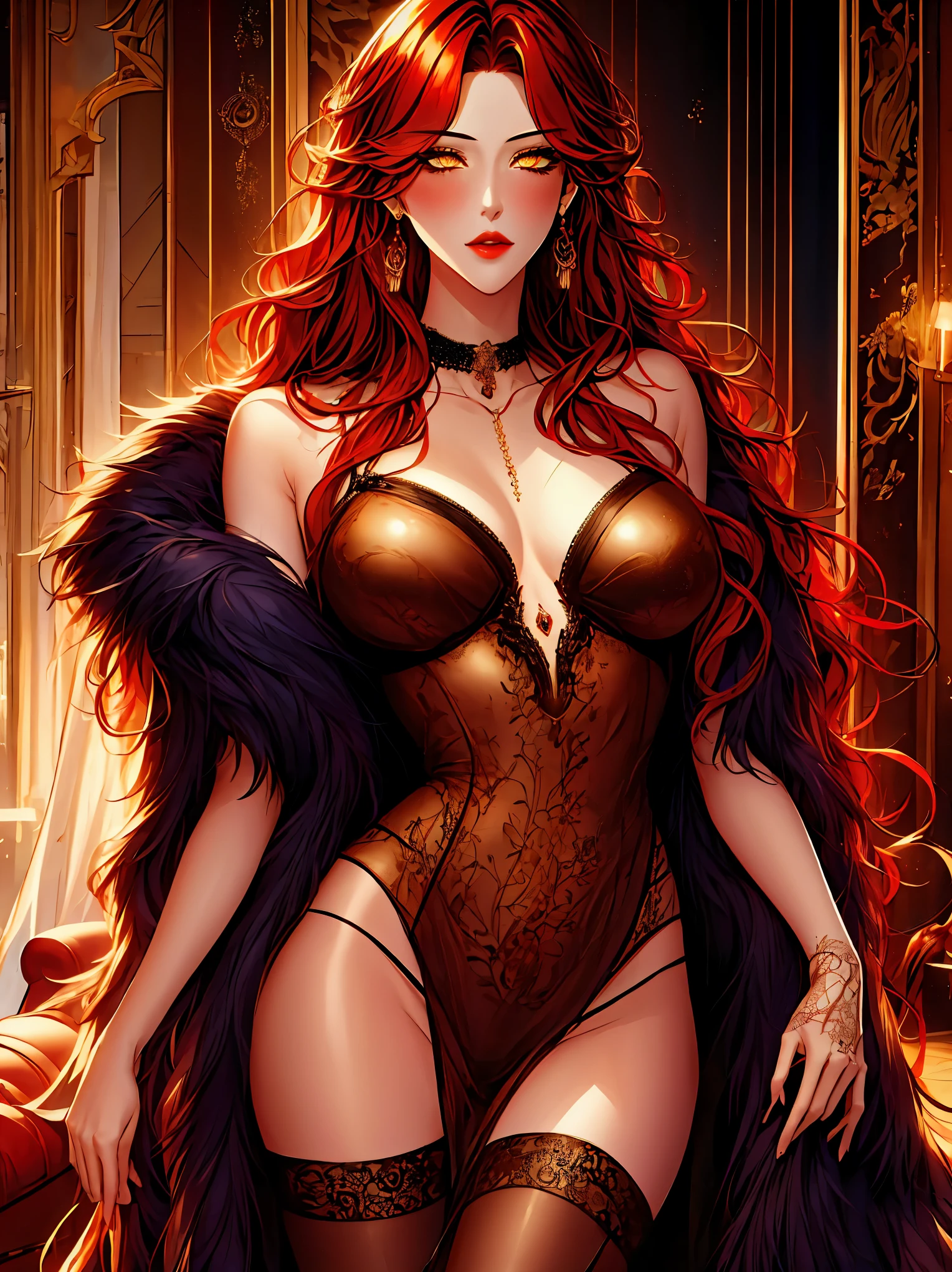 shoujo-style, one girl, solo,  (floral background), romance manhwa, russian girls in a fur coat, dominatrix, skinny, small breasts, pronounced feminine feature, (dark shot:1.22), neutral colors, (hdr), (muted colors), (intricate), (artstation), dramatic, intricate details, (technicolor:0.9), detailed, intricate, cinematic, detailed, small breasts, beautiful one-piece underwear, model pose,gold eyes, legwear garter, red hair, bdsm, choker, ornate lavish rich aristocrat royal mansion,music room,art,drapes,curtains,carpets,rugs,doors,(chaise lounge), detailed background,