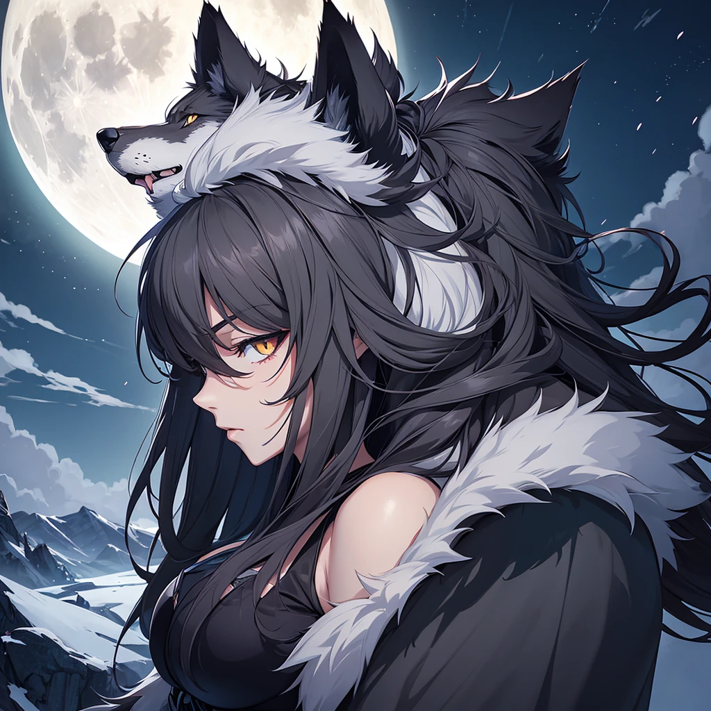 Portrait of a majestic dark grey wolf in anime style. A full moon in the background. Anatomically correct.