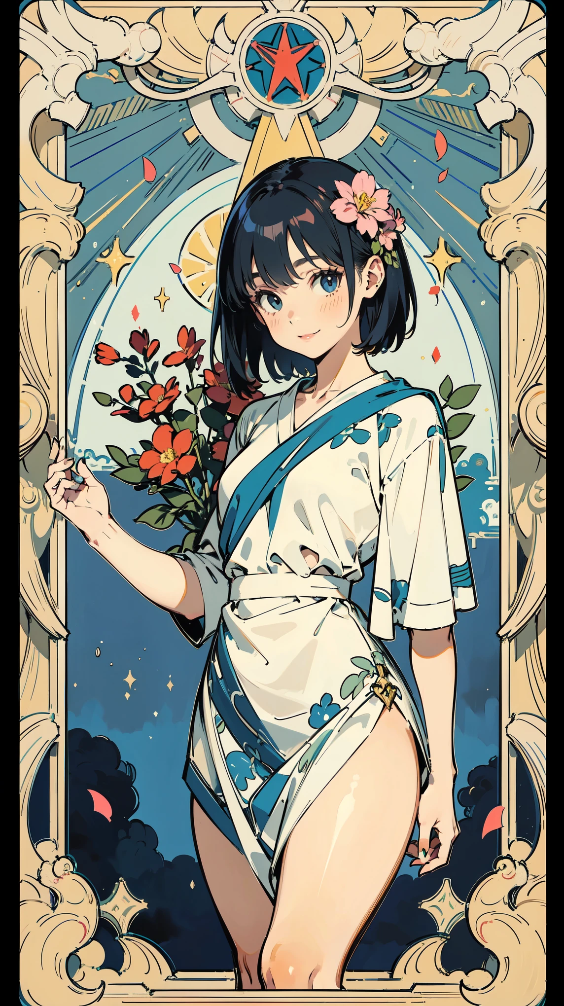 Tarot Cards、Masterpiece、Highest quality、Amazing details、Detailed Background、Line art、Written boundary depth、Flat Shading、Mucha style、Art Nouveau、Botanical Art、Flower Art、Surrounded by lots of flowers、Hot Summer Fashion、Vintage Color、colorful、Anatomically correct、Slim figure、Thick thighs、Expressive eyes、smilingly、Perfect Face、Black Hair、Short Hair、Embarrassing、She is blushing