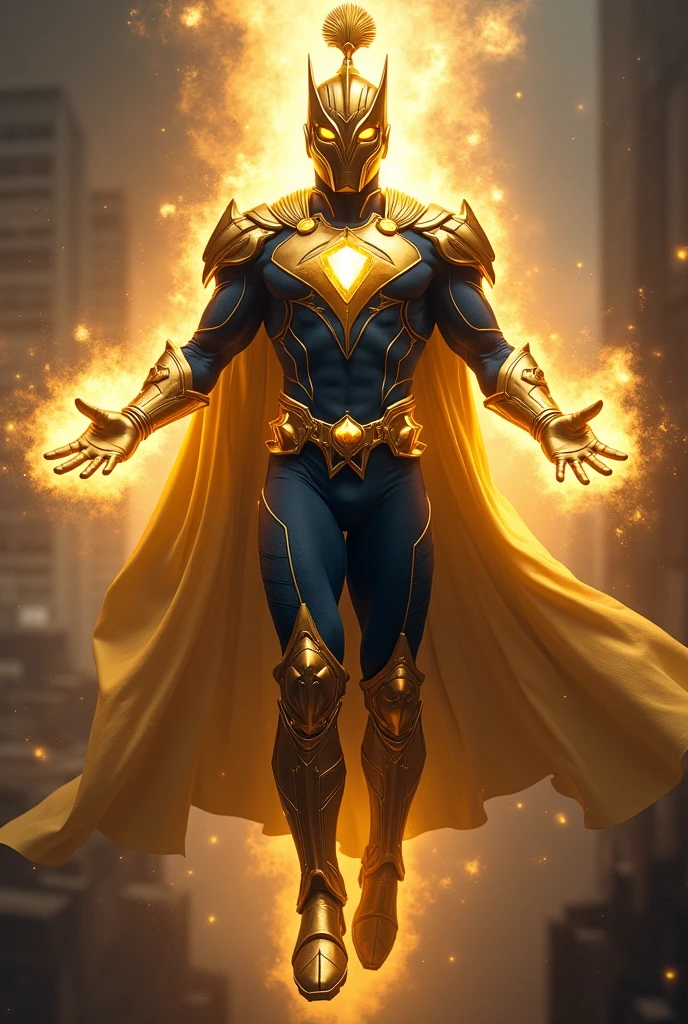 Superhero, golden knight full helmet with metal plume, golden amulet, golden gloves and boots, golden belt, dark blue costume, floating pose, glowing hands