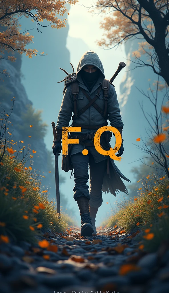 There is word title "F.Q HERO". Title word with beautiful and stylish wallpaper. ultra HD, aesthetic, realistic, natural, gaming, action. There is an adventurer with covered face going far away in the background.