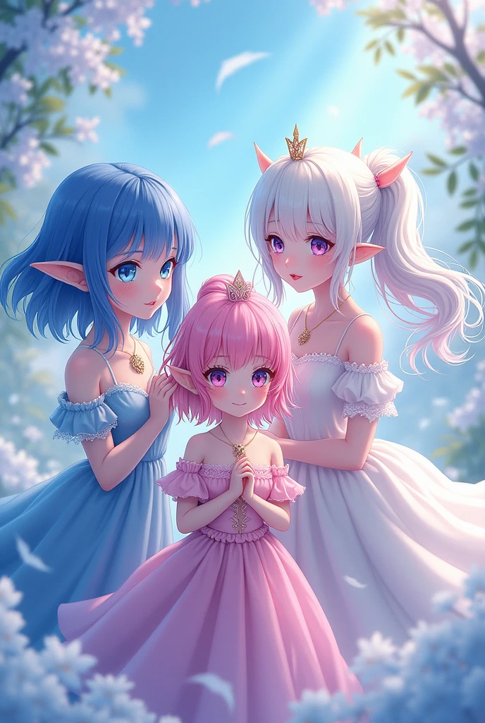 An elf with shoulder-length blue hair without bangs, a human with long pink wavy hair without bangs and another with white hair tied in a ponytail with bangs in the anime princess style 