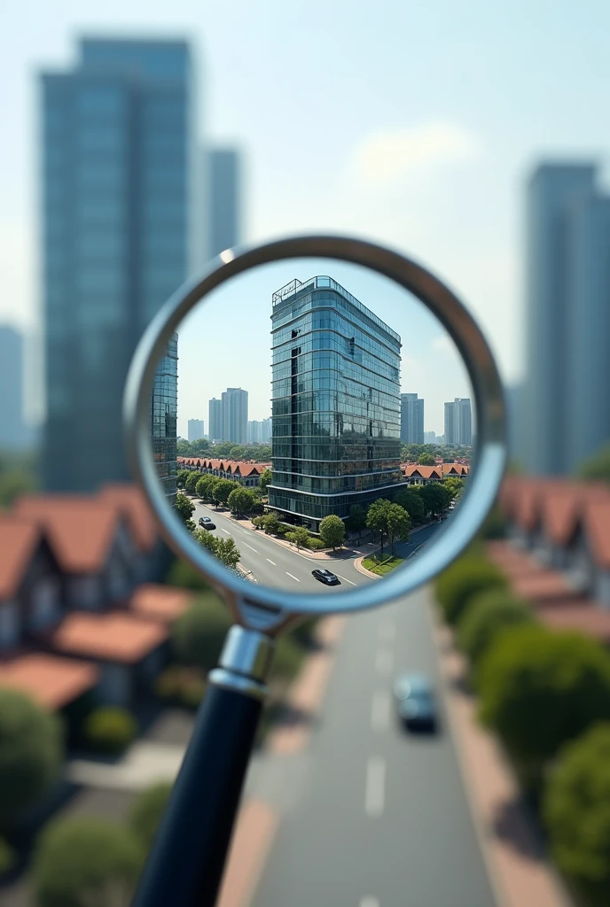 A magnifying glass that highlights a modern building and normal houses in the blurred background, realistic image