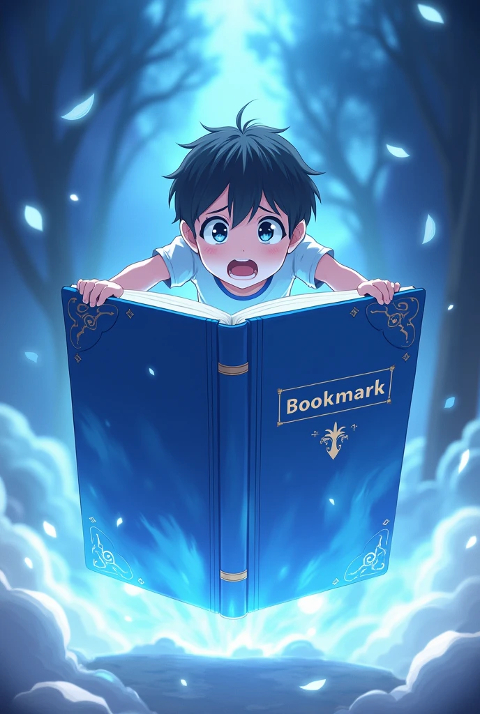 A anime boy with shocking reaction in the air and top of his had a blue colour magic book which is biger than the boy and the name of book is Bookmark 