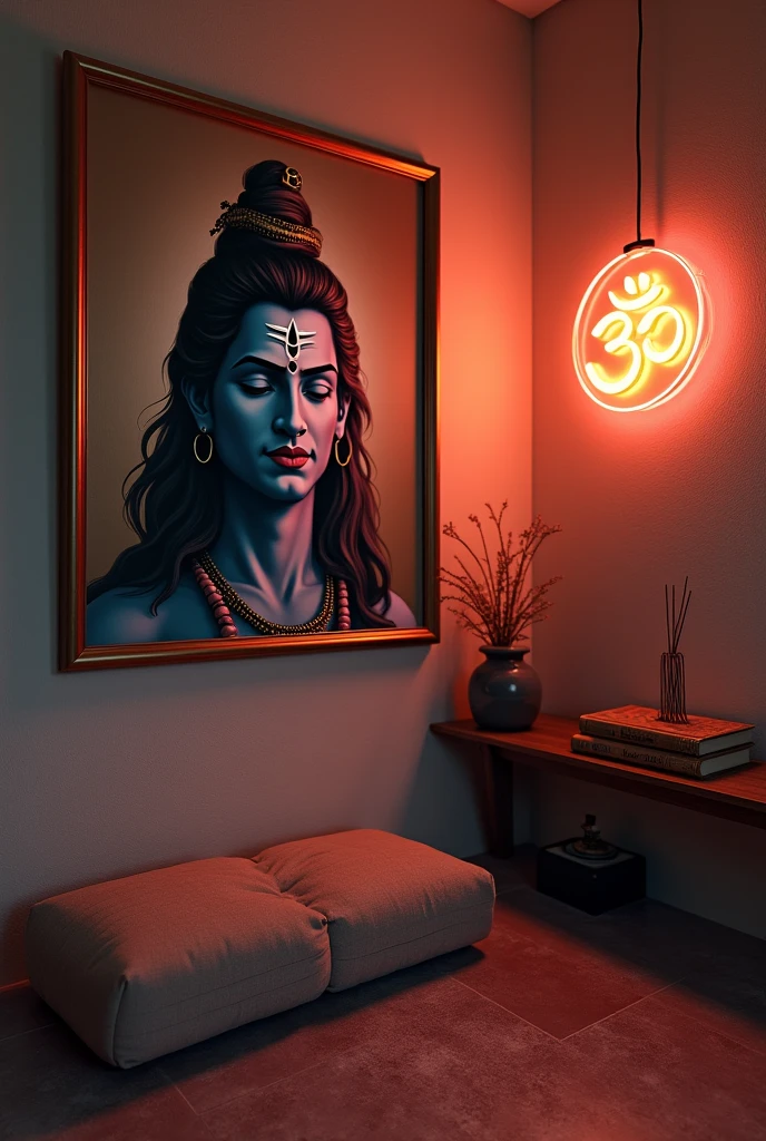 A peaceful and calm room with LORD SHIVA picture large framed picture with neon OM NAMAH SHIVAYA sign and a shelf with incence sticks and ved books