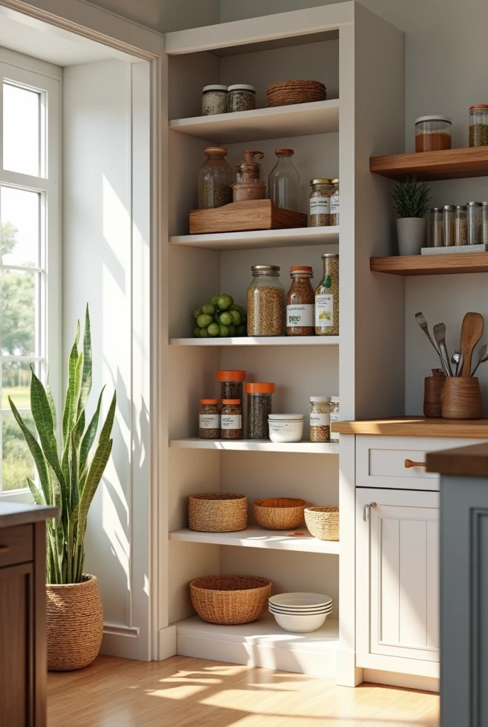 Make a floor plan of a pantry with five empty shelves