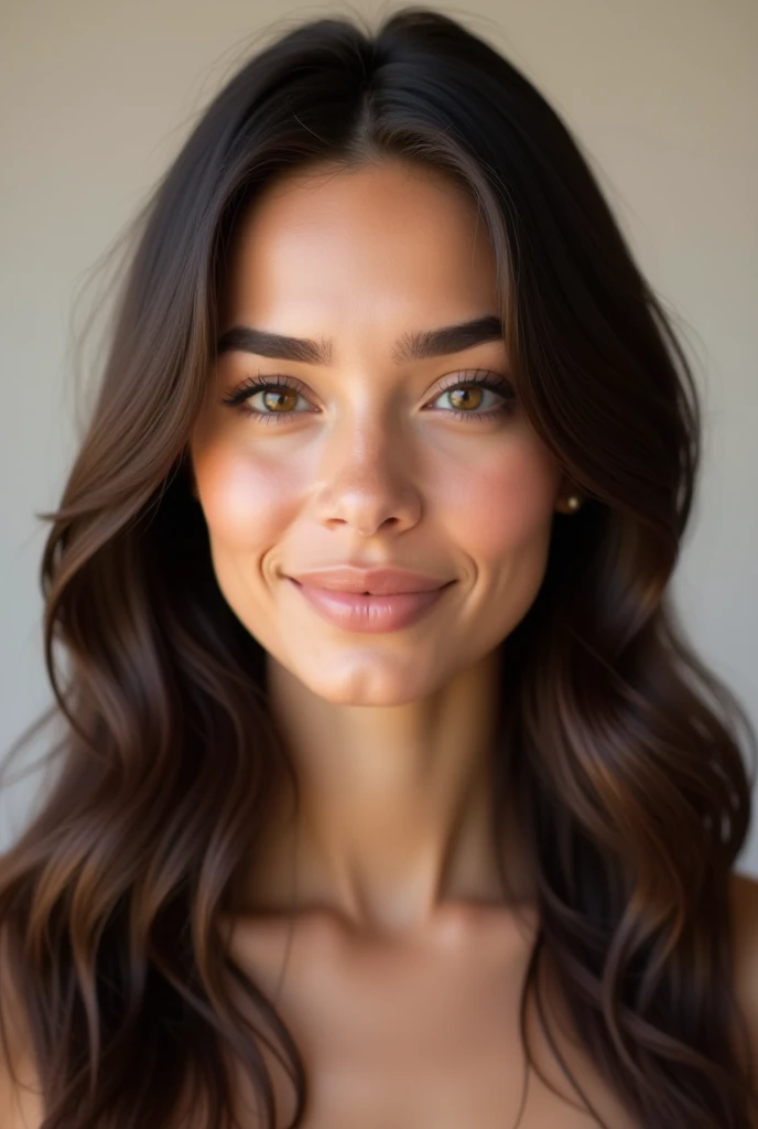 "Create a realistic image of a 20-year-old European woman with a youthful, attractive appearance. She should have a fair to light olive complexion with smooth, clear skin. Her facial features should include slightly fuller cheeks, high cheekbones, and a defined jawline. Her lips should be full, and her eyes should be bright and expressive, with dark brown or hazel irises and well-defined brows. Her hair should be long, dark brown, and sleek, styled in a way that complements her face. She should exude a confident and slightly seductive expression, with soft, flattering lighting that enhances her natural beauty, The image should be a direct, front-facing view, with a neutral expression and even, soft lighting that highlights her features evenly."