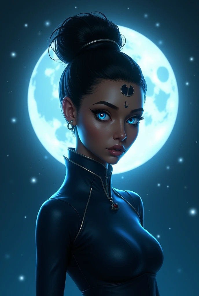 Director Guillermo del Toro's signature style meets a digital illustration by artist DeviantArt user Fractals-X. In the center of the image, a glowing, ethnically diverse woman with blue eyes, a high bun, and a forehead jewel looks directly at the viewer, her lips slightly parted. Her skin has a warm, medium tone with a single facial mark. A blue light emanates from her glowing eyes, adding an otherworldly feel. In the back, a large, white, circular moon hangs low in the sky, casting a blue, diffused light that highlights her face and black hair. The background is a dark, starry night with faint, almost imperceptible flecks of white and blue scattered about. The woman's breasts are moderate in size, and her outfit is a blue and black ensemble that includes a high-collared, high-necked top and fitted pants. The image has a film grain effect and a cool-toned color grading, evoking a mood of mystery and intrigue.