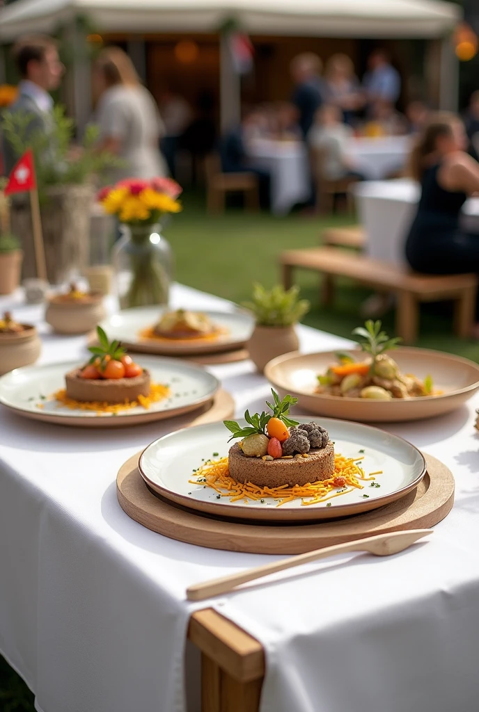 I want you to make me a table for a fair, This table should contain elements related to Switzerland, It should be elegant and not so saturated, On that table there will be 4 dishes presented, a little more decoration