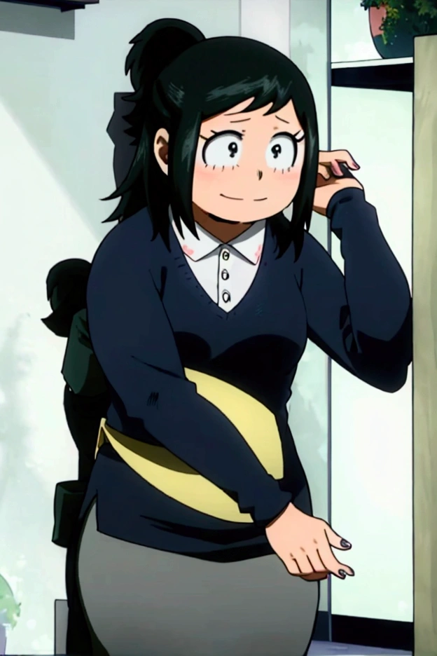 (inko midoriya),(BNHA),(young she is slim, pretty, and young woman who has short hair with a ponytail on the left side.)