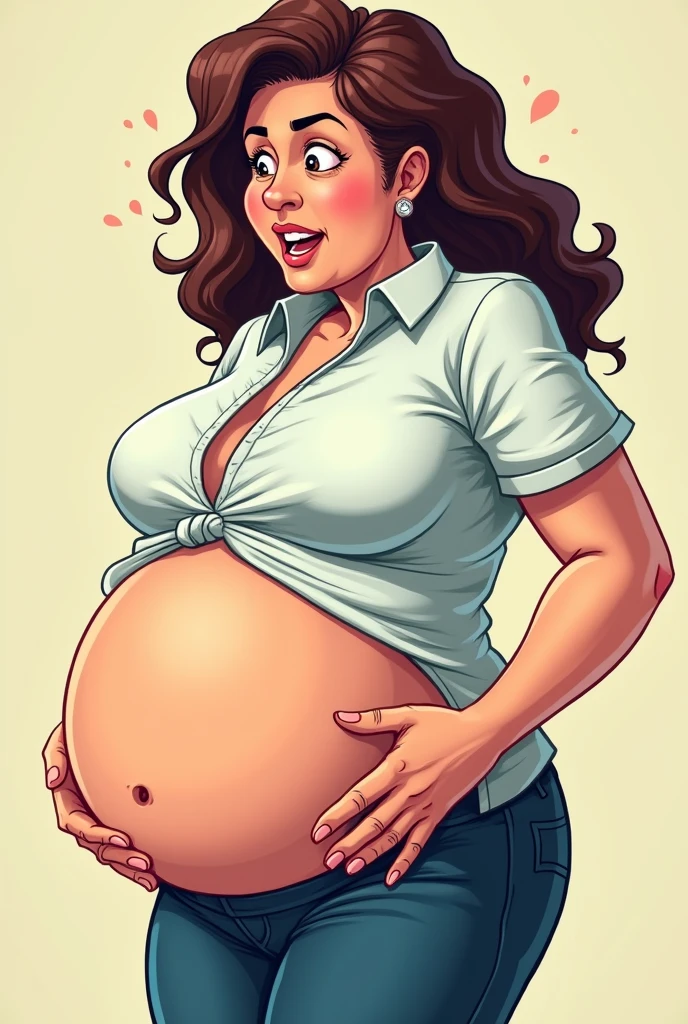 Her belly is so big that her shirt is about to explode.