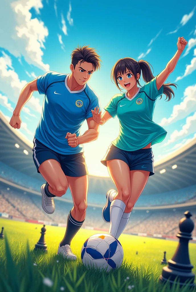 "Create a realistic anime-style poster background featuring two athletes, a male and a female, in dynamic poses for volleyball and soccer. The setting should be a bright and illuminated football field, with a style inspired by anime but realistic. The athletes should wear uniforms in electric blue and vibrant aqua green that stand out against the sunny day. Ensure the background is dynamic yet refined, with a clean and polished look. Incorporate chess elements, such as a subtle silhouette of a pawn or queen, integrated into the background. Use bright and vivid secondary colors like vibrant blue, intense yellow, reds, and golds to make the scene fresh, attractive, and eye-catching. Ensure that the protagonists stand out with bright, contrasting colors, and maintain an overall elegant and professional look suitable for an educational institution."