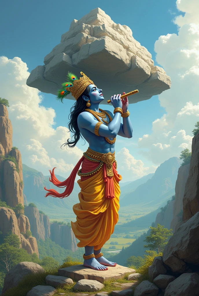 Lord Krishna smilingly lifts the very big mountain from his little finger and has a crown decorated with peacock feathers and plays the flute with the other hand