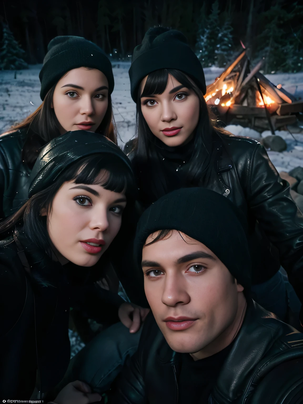 Selfie by Bettie Page, young man with knitted hat in the mountains, wearing gray sweater, leather clothing, cold and tight leather pants, , accompanied by 3 young people, selfie with friends, group of friends selfie, usie with friends, group of young people around a campfire, group sex, SBDN group of people, outdoors, (night), mountains, nature, (stars, moon), dynamic, stylish, emotional faces, travel, clear facial features, 35 mm lenses , Decorative lighting, global illumination, night photography, false lighting, false lighting