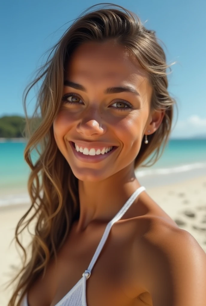 Créer une scène réaliste de style 4k d'une belle femme de 20 ans ben train de bronzer sur une plage d'Amérique du Sud, visage sérieux souriant,élégant, peau bronzée couleur brune, forme du visage ovale, slightly with dark circles and Légèrement tombant upper eyelid, nez large, punta de la nariz Légèrement tombant, rides nasogéniales légèrement marquées, lèvres épaisses comme une femme noire, coin de la bouche ,Légèrement tombant, seins naturels extrêmement petits, photo type selfie, taille de 167 cm, avec des vêtements de plage, (Peau très détaillée:1.2), 8K HD, photo priss avec Iphone, éclairage doux, Haute qualité, grain de film, Fujifilm XT3
