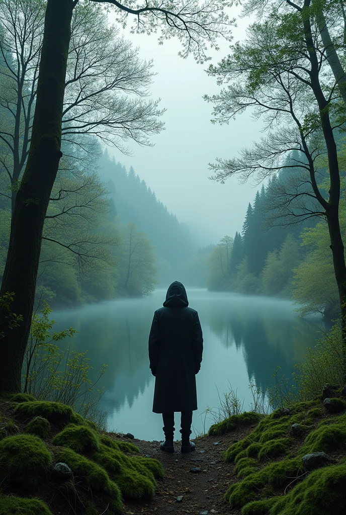 (Dark magic:1.2), (Grim:1.1) forest, springtime，A man stands in the Alps, (Intricate details), A mirror-like lake，(ultra - detailed), 8k hdr, high detal, A lot of detail, High quality,Tyndall effect， (Colored:1.2)