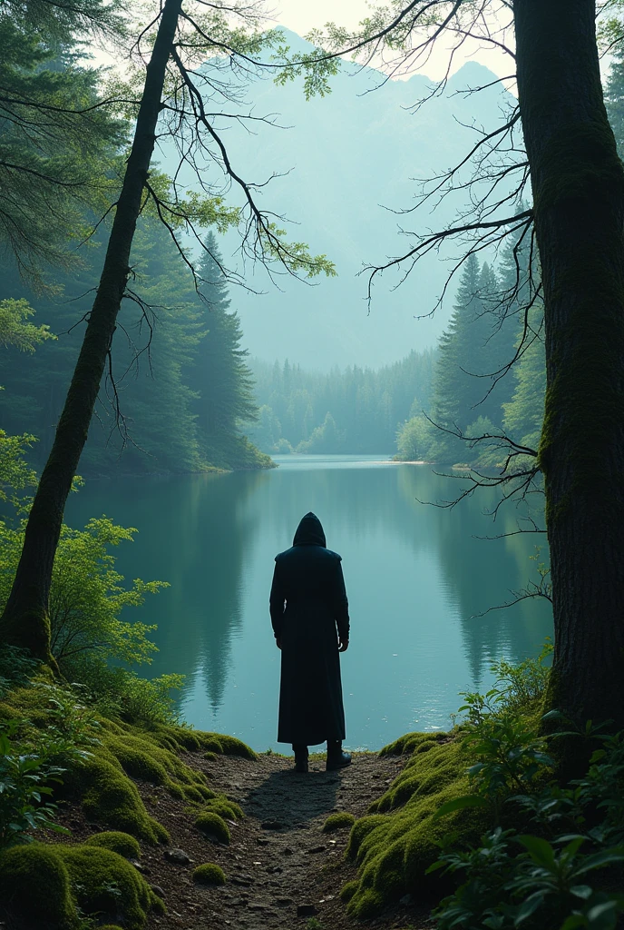 (Dark magic:1.2), (Grim:1.1) forest, springtime,A man stands in the Alps, (Intricate details), A mirror-like lake,(ultra - detailed), 8k hdr, high detal, A lot of detail, High quality,Tyndall effect, (Colored:1.2)