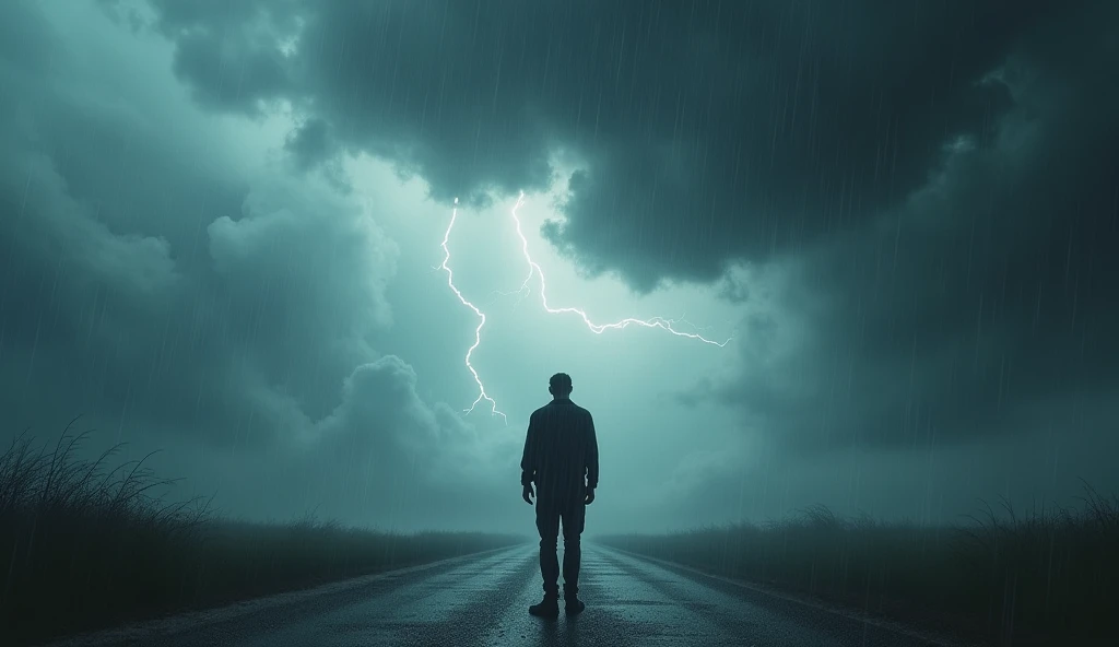 "A person standing in the midst of a storm, their once bright glow fading as dark clouds of difficulty loom overhead, ar 16:9"