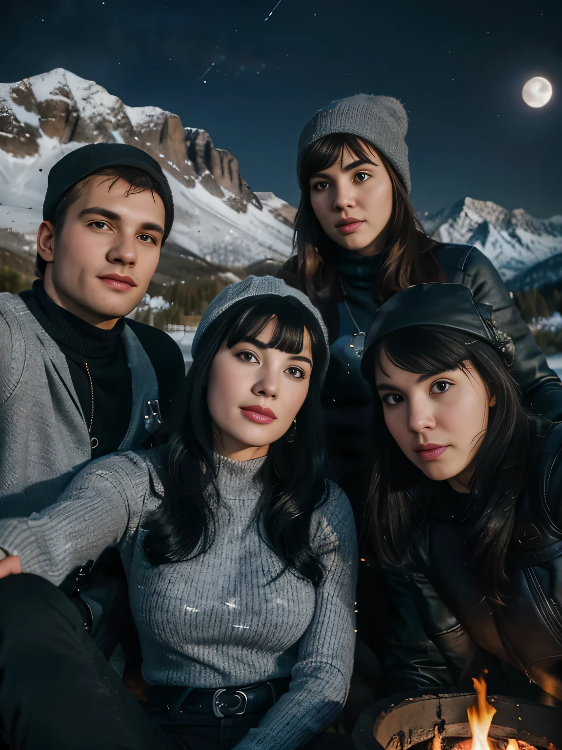 Selfie by Bettie Page, young man with knitted hat in the mountains, wearing gray sweater, leather clothing, cold and tight leather pants, , accompanied by 3 young people, selfie with friends, group of friends selfie, usie with friends, group of young people around a campfire, group sex, SBDN group of people, outdoors, (night), mountains, nature, (stars, moon), dynamic, stylish, emotional faces, travel, clear facial features, 35 mm lenses , Decorative lighting, global illumination, night photography, false lighting, false lighting