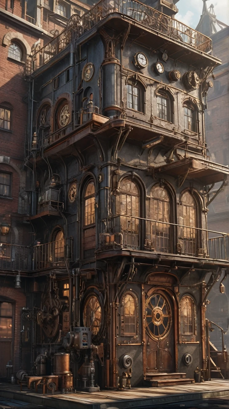 ((masterpiece)), ((Highest quality)), ((High resolution)), ((In detail)),((Highest quality, 8k, masterpiece)), Steampunk style building、The back of the boy