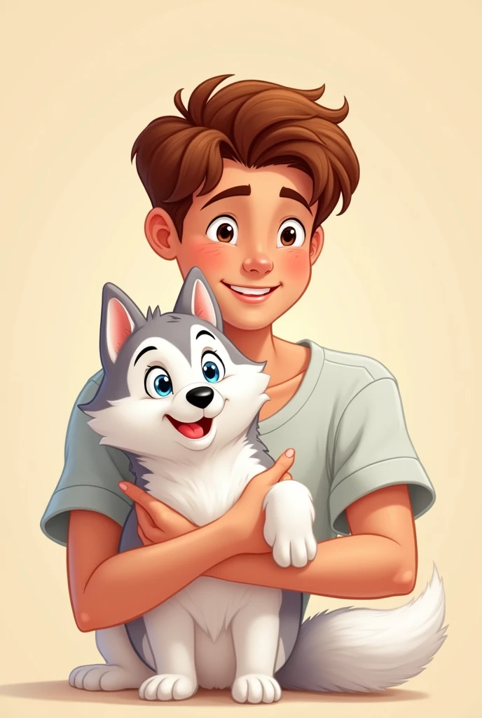 Create a Disney-style cartoon image of a young man (no child) chestnut hugging a small totally WHITE husky with blue eyes with a beige background That same image but make the husky white