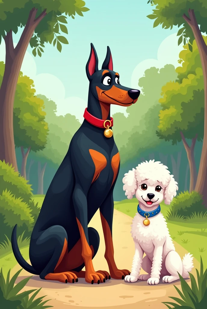 I want a cartoon-type drawing where a Doberman dog with a red collar is sitting next to a small white male French Poodle dog with a blue collar., with a park background 