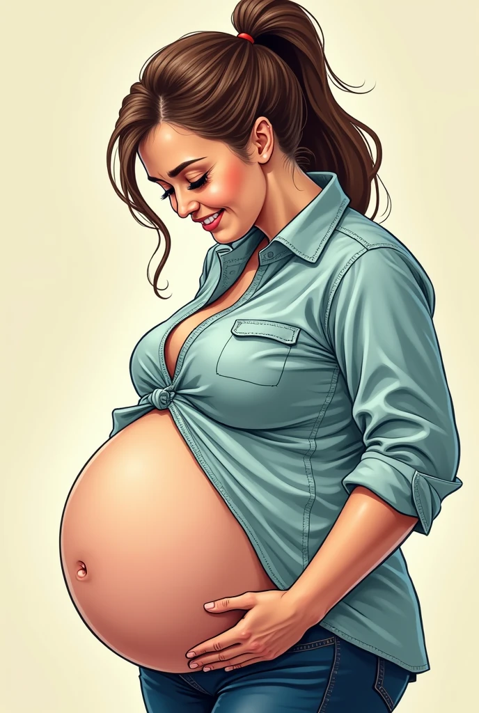 Her belly is so big that her shirt is about to explode.