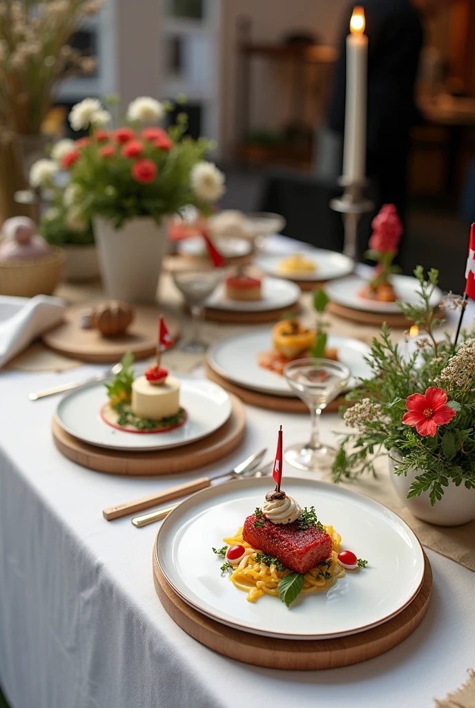 I want you to make me a table for a fair, This table should contain elements related to Switzerland, It should be elegant and not so saturated, On that table there will be 4 dishes presented, a little more decoration