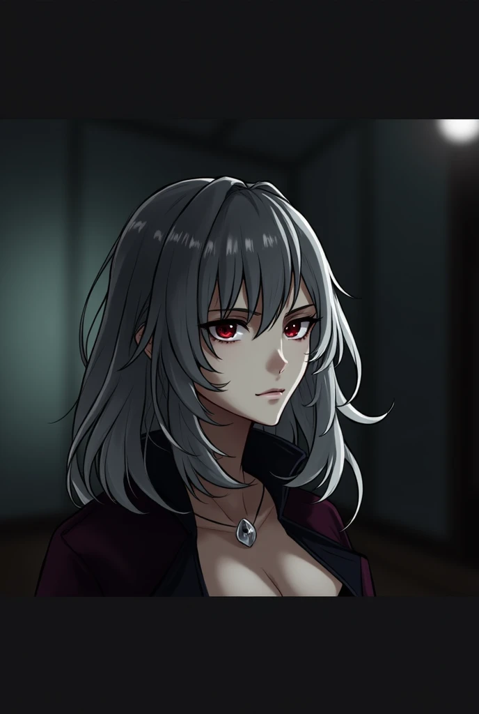 A woman of striking presence, with medium-length white hair that falls in soft waves around her face. His eyes are a deep crimson red