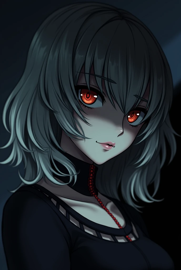 A woman of striking presence, with medium-length white hair that falls in soft waves around her face. His eyes are a deep crimson red