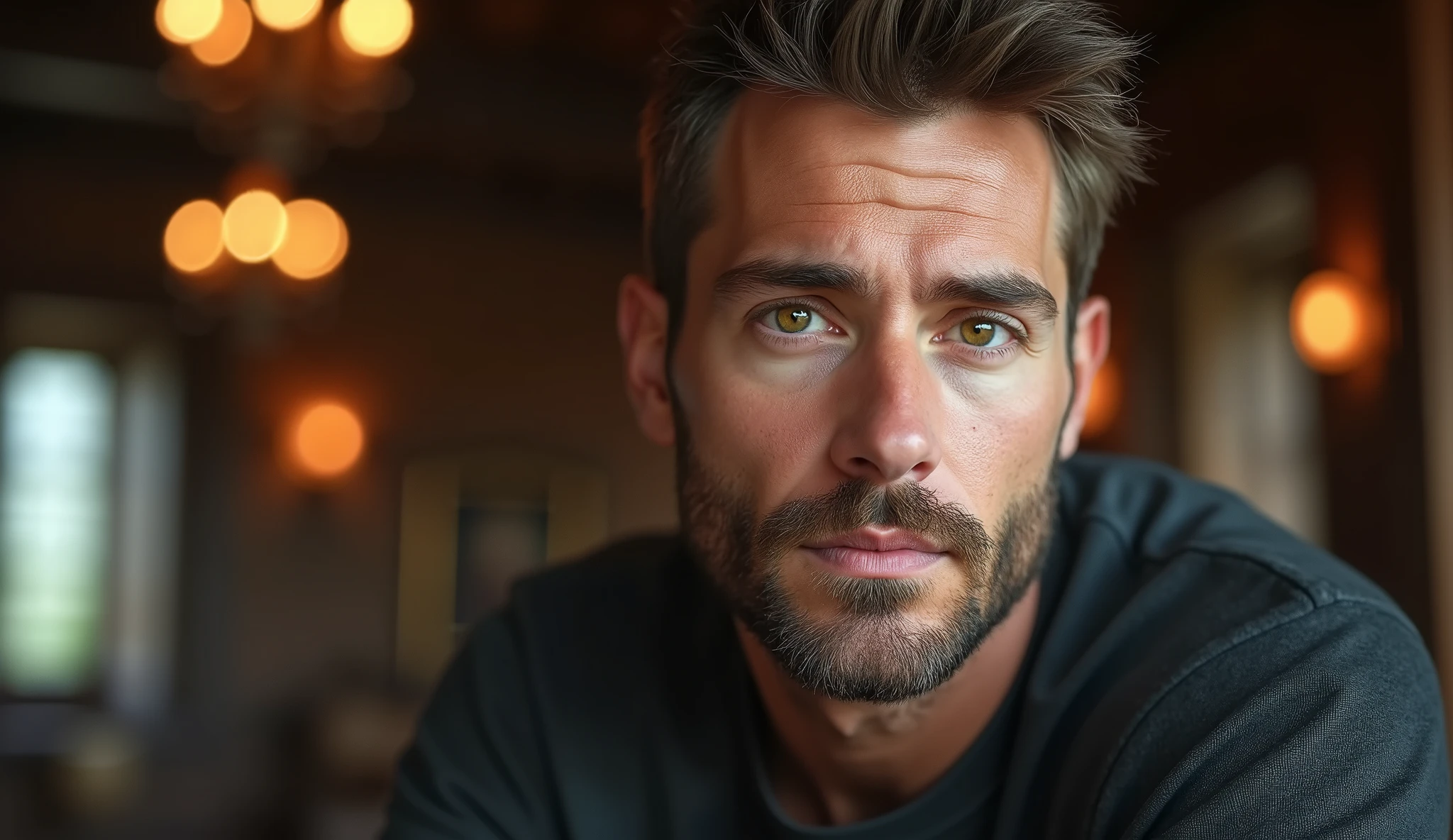 Ultra-realistic portrait of a handsome man in his thirties, the main subject of the image. He should have brown eyes, short, well-combed brown hair, a well-groomed face, and a neatly trimmed beard. He has a serious expression and looks directly at the camera with an air of friendliness. He is in an indoor environment, suggesting an office in a large traditional mansion, with natural light coming from the side, creating a soft effect that creates diffuse shadows, enhancing the texture of the skin and the brightness of the eyes, and highlighting the angular features of the face. The background should be wide and blurred, creating a sense of depth and containing everything that makes up the setting of an office in a large mansion, without taking focus away from the main subject. The image should convey a warm and introspective feeling, with a touch of mystery and contemplation. The photo should capture extreme detail, with high quality 8k rendering, while maintaining the serene and enigmatic atmosphere. High quality photography, 8k rendering, extreme detail, realistic portrait, introspective atmosphere, soft and diffused lighting, natural light.