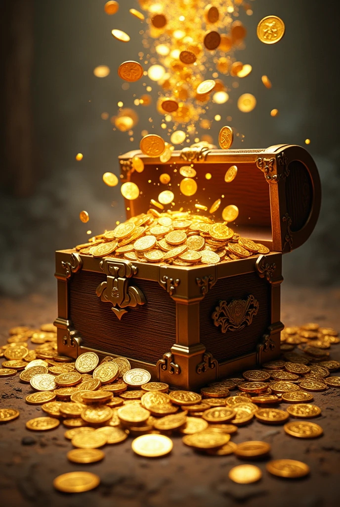 treasure chest full of gold coins falling around