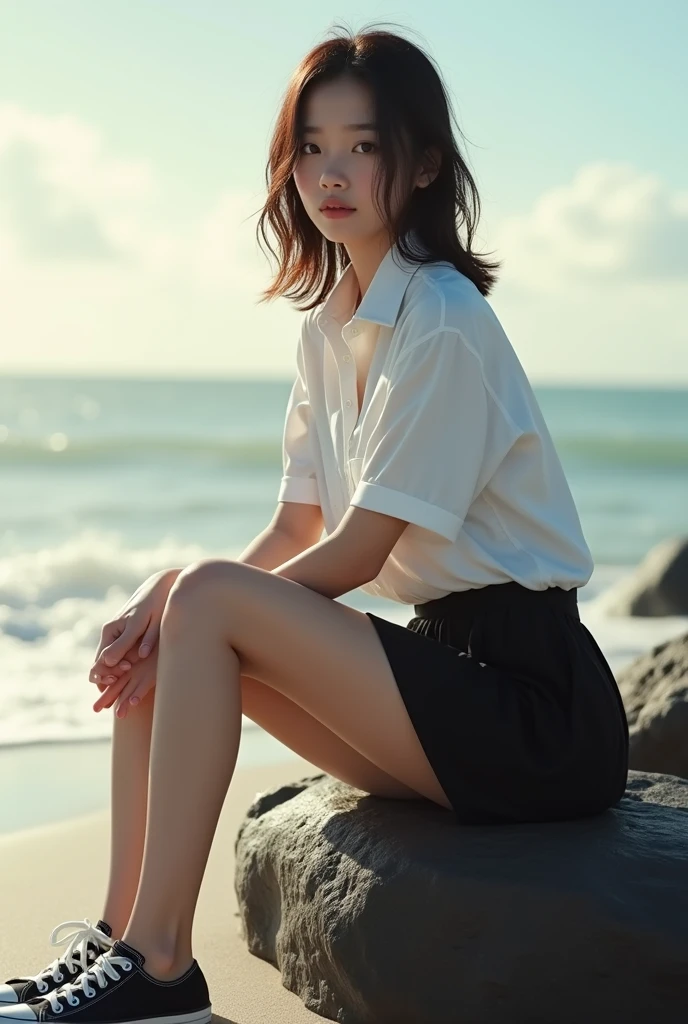 Thai cute girl 18. White skin tone, The wet hair color is a beautiful shade of brown hair. Wearing thai student uniform , Wear a wet white shirt (nobra). Wear a very short black skirt. Show off white thighs, converse snitchers sitting on the black rock on the beach, soft light, the most realistic picture.