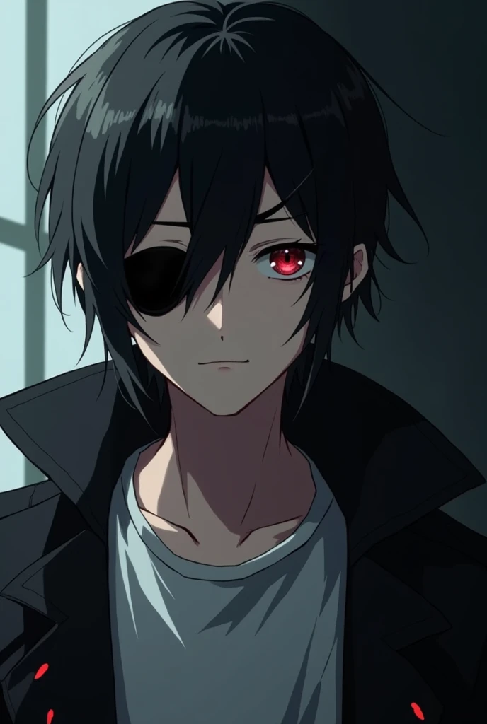 Japanese anime panel: a young man with medium hair, cor preto, an eye patch on the left side, red colored eye, white shirt with a black cyberpunk style overcoat