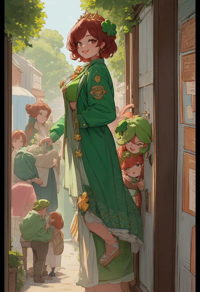 A woman with a cheerful expression standing in a doorway, wearing a vintage varsity jacket over a green dress adorned with shimmering shamrock sequins. The jacket is emblazoned with '96' and there's a pin on the lapel. She has short, reddish hair, and a dainty tiara. In the background, a lush park with people milling about can be seen through the open door.