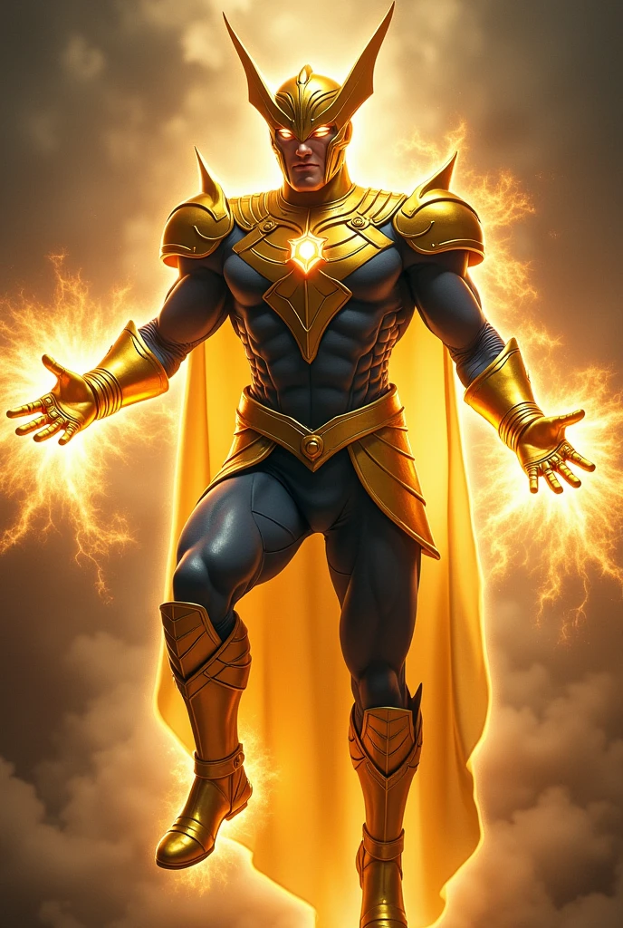 Superhero, golden knight full helmet with metal fin, golden amulet, golden gloves and boots, golden belt, dark blue costume, floating pose, glowing hands