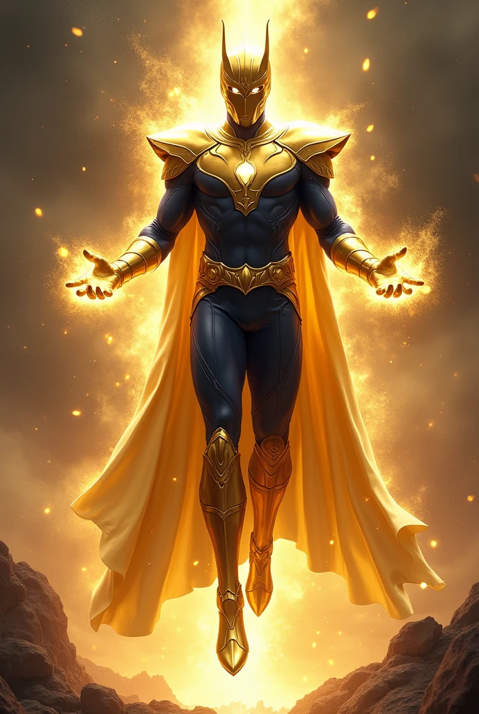 Superhero, golden knight full helmet with metal fin, golden amulet, golden gloves and boots, golden belt, dark blue costume, floating pose, glowing hands