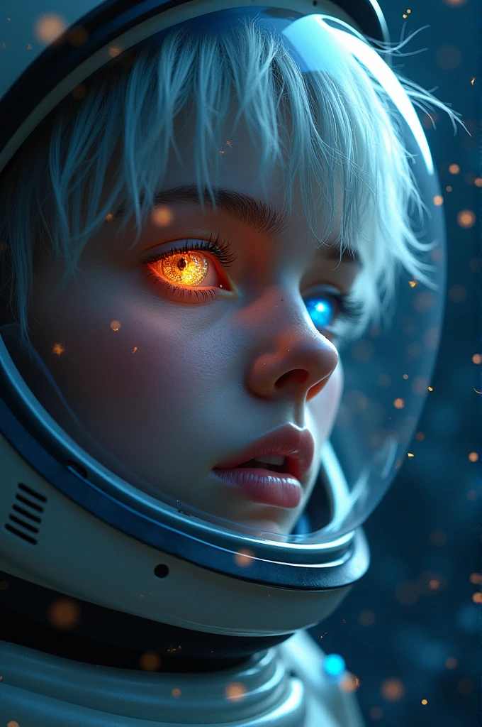 (Close-up of a better masterpiece:1.5)0.9], (Space and astronauts:1.2) (Messy silver hair:1.1) (Heterochromia xanthochromia and blue eyes:1.2) (Space Helmet:1.0) (Colored stars in the eyes:1.0) (A radiant glow:1.1) (thick lips:0.9)